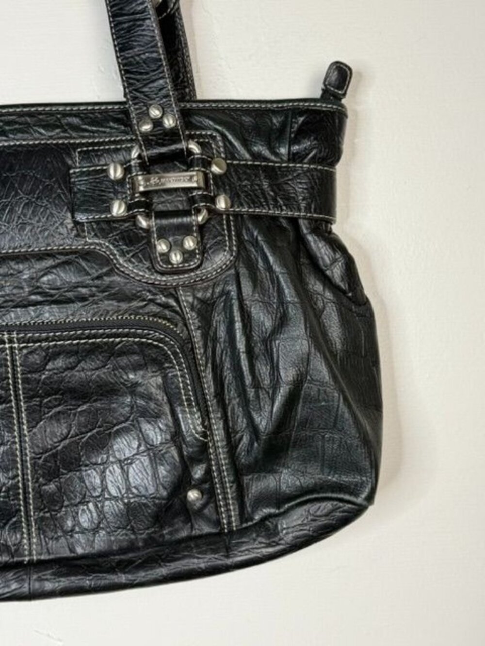 B. Makowsky Black Leather Double Handle Multi Pocket Shoulder Bag Purse - Picture 3 of 7